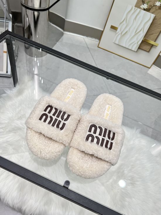 Miu Miu Embroidered Wool Slippers Leather Logo TPU Anti Slip Sole