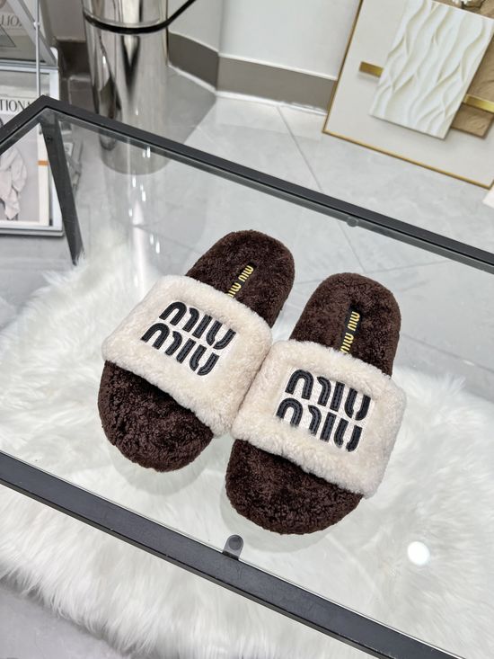 Miu Miu Embroidered Wool Slippers Leather Logo TPU Anti Slip Sole