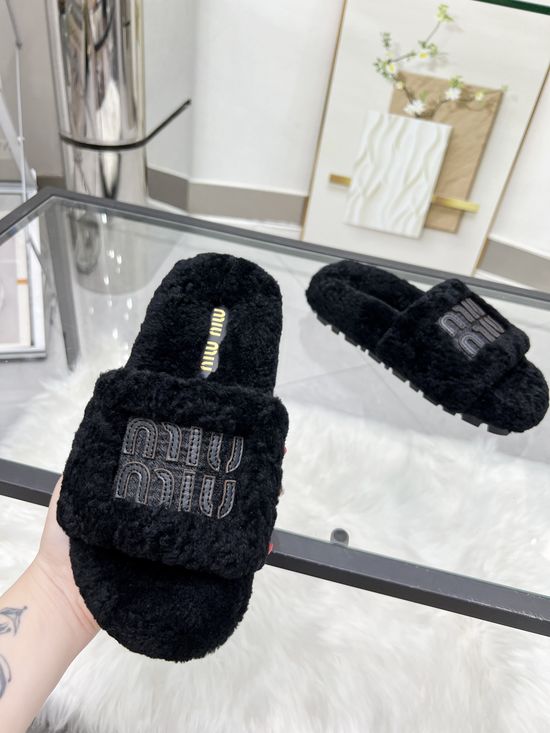 Miu Miu Embroidered Wool Slippers Leather Logo TPU Anti Slip Sole