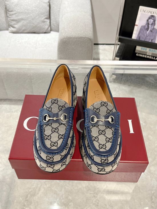 Gucci Classic Pattern Canvas Wedge Heel Horsebit Loafers