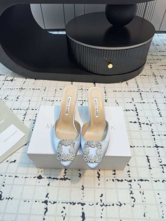 Manolo Blahnik Elegant Silk Upper High Heel Slides Premium Formal Footwear