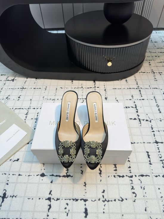 Manolo Blahnik Elegant Silk Upper High Heel Slides Premium Formal Footwear