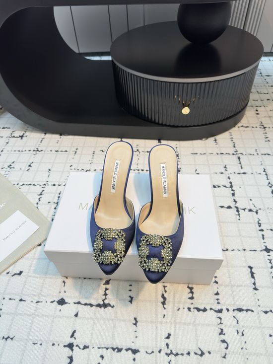 Manolo Blahnik Elegant Silk Upper High Heel Slides Premium Formal Footwear