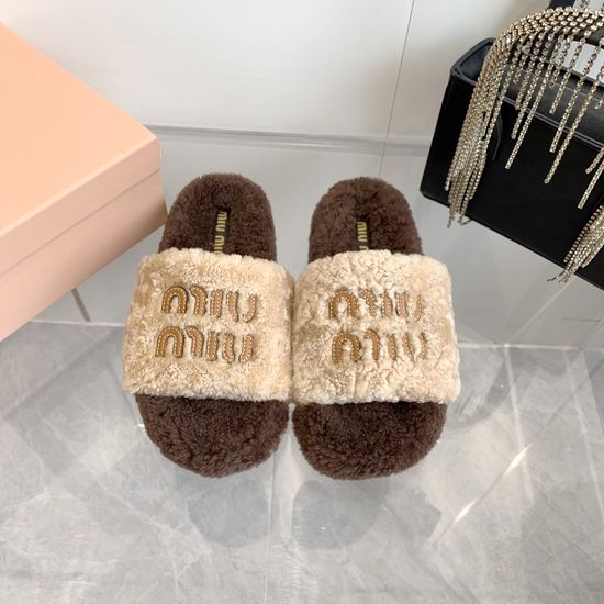 Miu Miu Embroidered Wool Upper Soft Non-slip House Slippers
