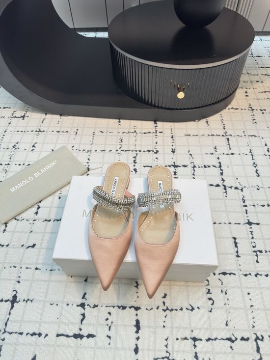 Manolo Blahnik Rhinestone Embellished Silk Mule Flat Shoes