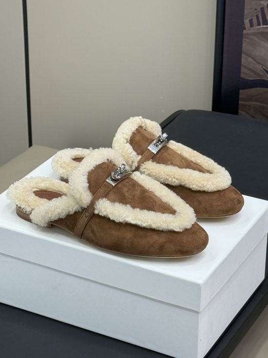 Hermes Premium Fur Lined Slip On Half Mules Slippers