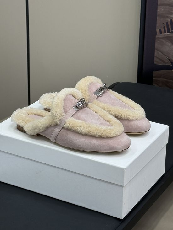Hermes Premium Fur Lined Slip On Half Mules Slippers