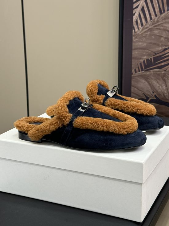 Hermes Premium Fur Lined Slip On Half Mules Slippers