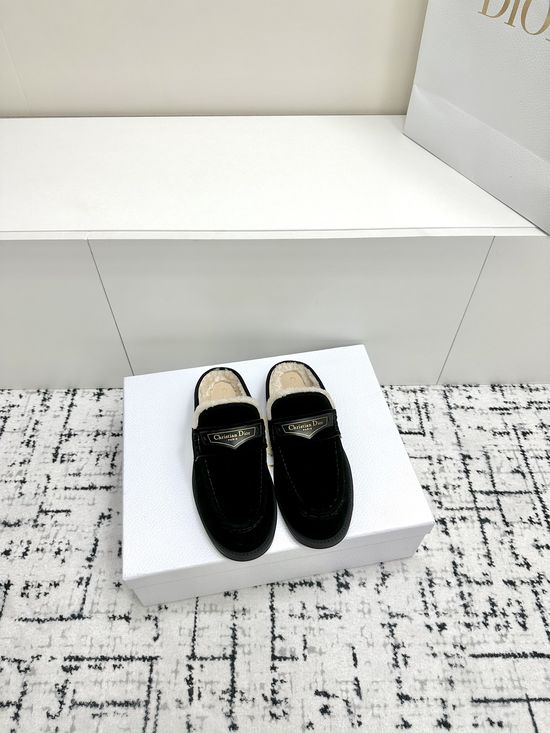Christian Dior Fur Lined Slip On Loafer Slippers Genuine Leather Upper