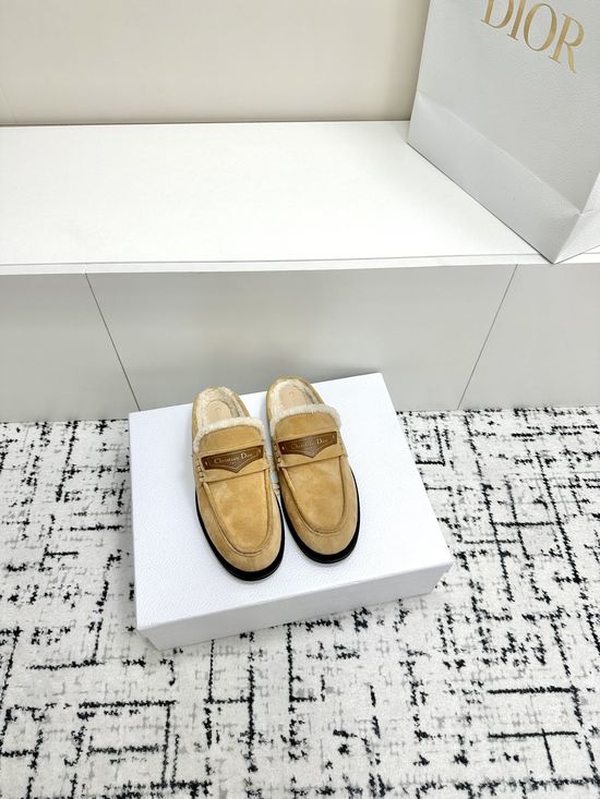 Christian Dior Fur Lined Slip On Loafer Slippers Genuine Leather Upper