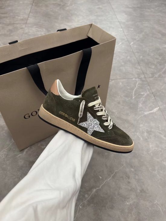 Golden Goose Army Green Suede Gold Heel Silver Star Distressed Casual Shoes