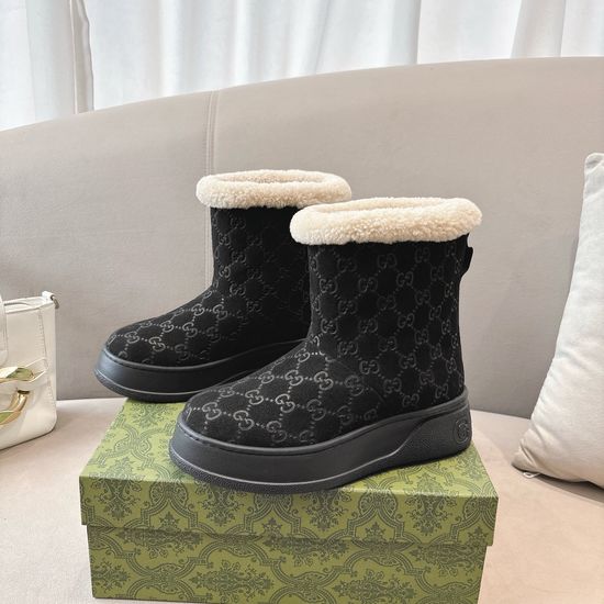 Gucci Embossed Pattern Wool Lined Ankle Boots Non-slip Warm Winter Footwear