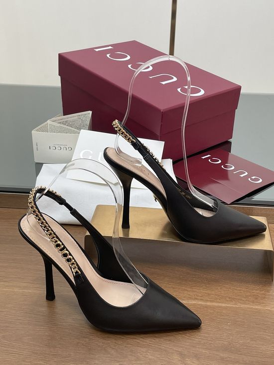 Gucci Chain Strap Kitten Heel Sandals Premium Leather Upper