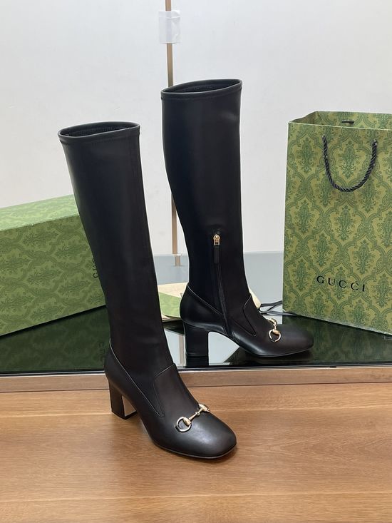 Gucci Knee High Leather Horsebit Boots Slim Leg Chunky Heel