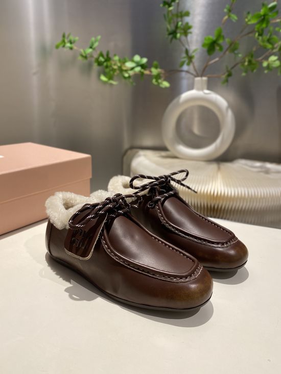 Miu Miu Distressed Leather Lace-Up Loafers Soft Lining Casual Daily Shoes
