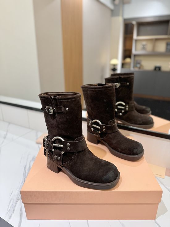 Miu Miu Vintage Distressed Leather Mid-calf Boots Retro Anti-slip Sole