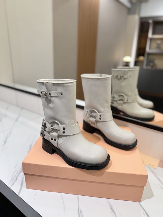 Miu Miu Vintage Distressed Leather Mid-calf Boots Retro Anti-slip Sole