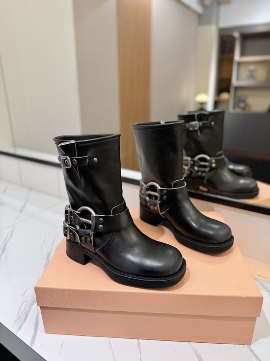 Miu Miu Vintage Distressed Leather Mid-calf Boots Retro Anti-slip Sole