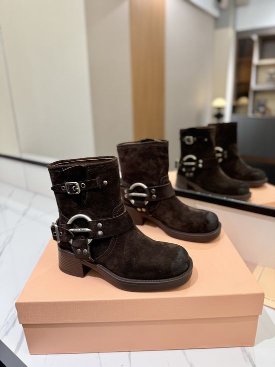 Miu Miu Distressed Leather Slip-Resistant Biker Boots