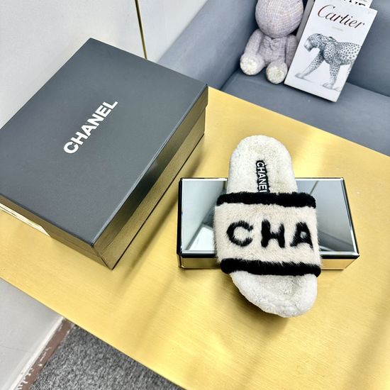 Chanel Soft Wool Lined Flat Slide Sandals With Real Leather Sole