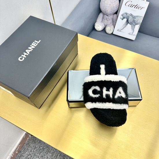 Chanel Soft Wool Lined Flat Slide Sandals With Real Leather Sole