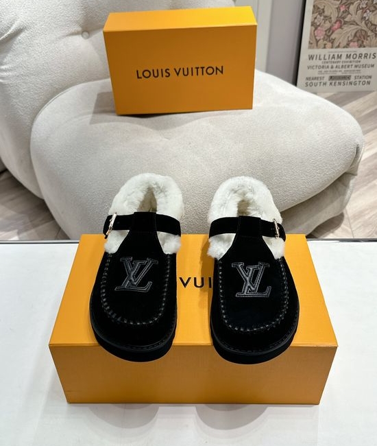 Louis Vuitton LV Premium Suede Leather Wool Lined Thick Sole Slippers