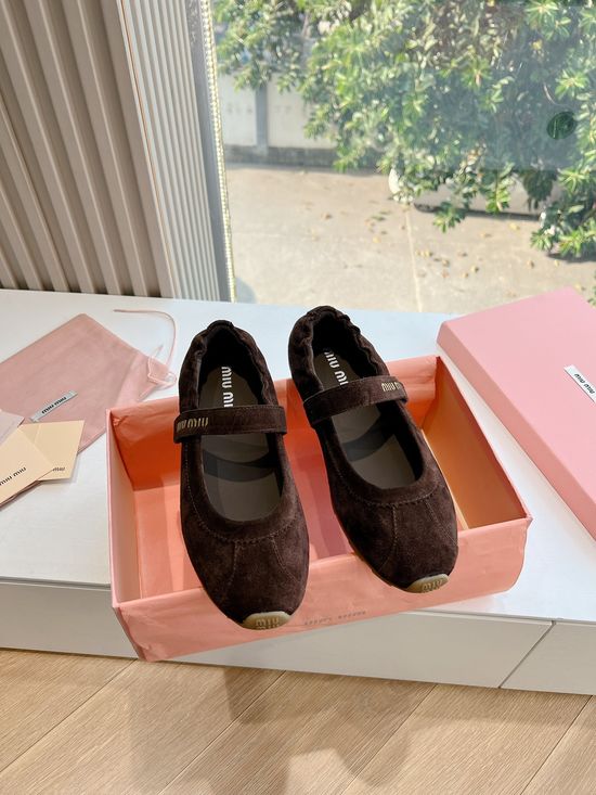 Miu Miu Coin Decor Loafer Ballet Shoes Soft Suede Leather Upper