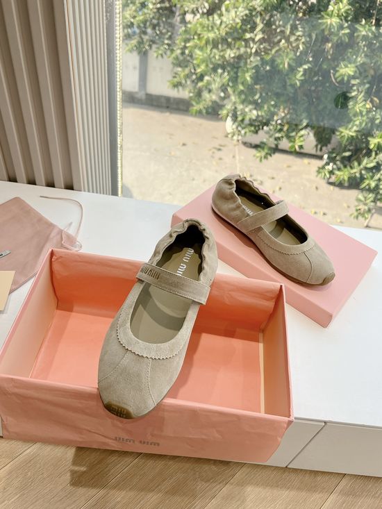 Miu Miu Coin Decor Loafer Ballet Shoes Soft Suede Leather Upper