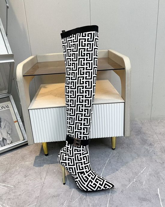 Balmain Stiletto Knee High Boots Knit Upper Sheepskin Lining