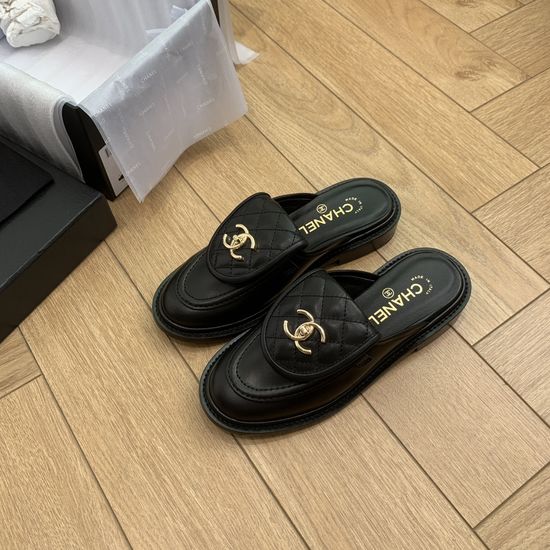 Chanel Elegant Embroidered Buckle Leather Slip On Slides