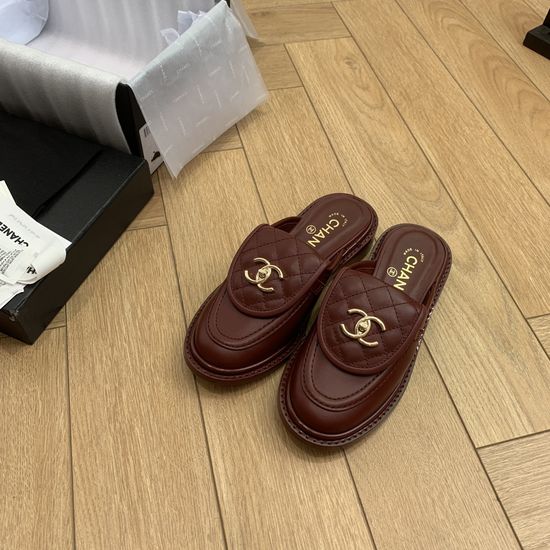 Chanel Elegant Embroidered Buckle Leather Slip On Slides