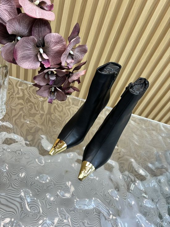 Yves Saint Laurent Metal Toe Leather High Heel Mid Calf Fashion Boots