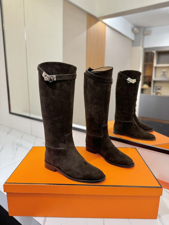 Hermes Suede Buckle Knee High Boots Premium Leather Elegant Style