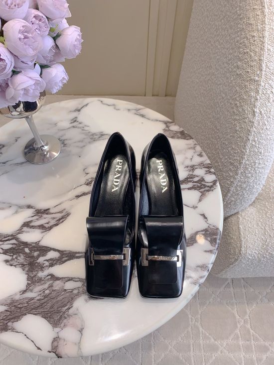Prada Square Toe Block Heel Buckle Loafers
