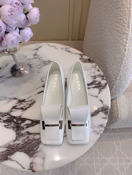 Prada Square Toe Block Heel Buckle Loafers