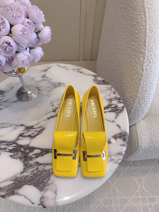 Prada Square Toe Block Heel Buckle Loafers