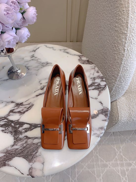 Prada Square Toe Block Heel Buckle Loafers