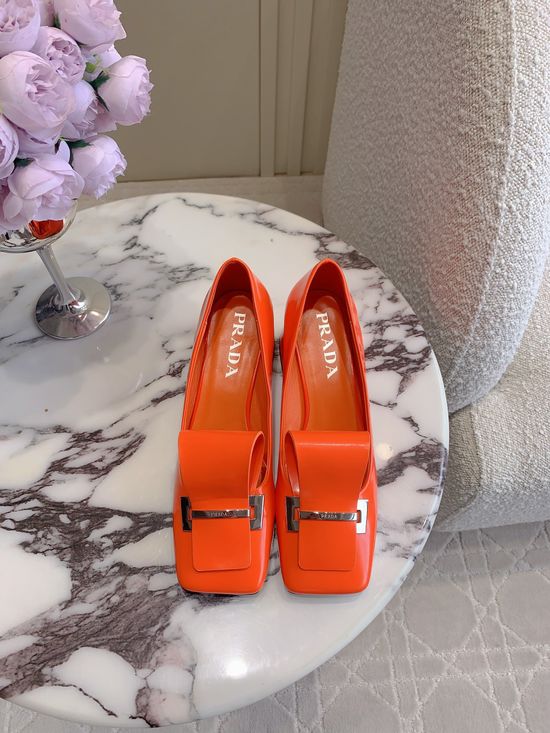 Prada Square Toe Block Heel Buckle Loafers