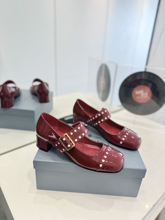 Prada Perforated Patent Leather Chunky Heel Mary Jane Shoes