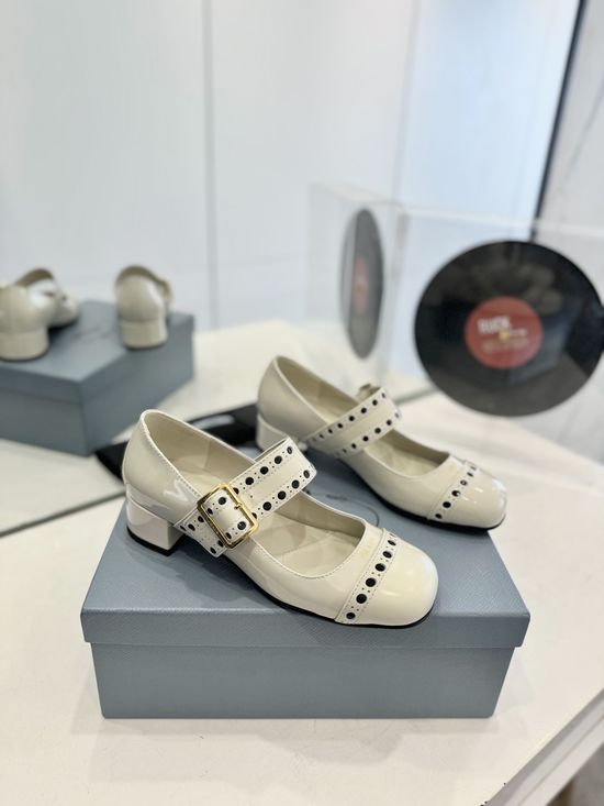 Prada Perforated Patent Leather Chunky Heel Mary Jane Shoes
