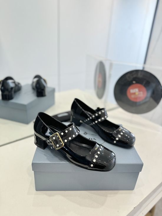 Prada Perforated Patent Leather Chunky Heel Mary Jane Shoes