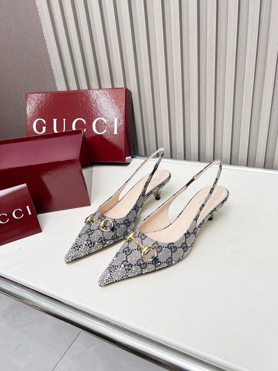 Gucci Embellished Patterned Denim High Heel Dress Shoes