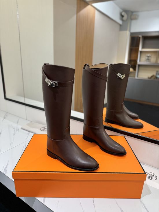 Hermes Classic Buckle Knee High Boots Premium Leather Elegant Style
