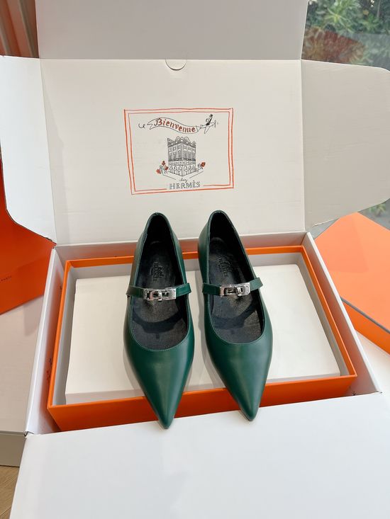 Hermes Pointed Toe Hardware Accent Comfort Leather Flat Shoes