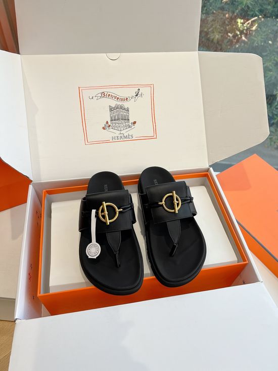 Hermes Buckle Leather Slide Slippers Soft Sole Casual Daily Footwear