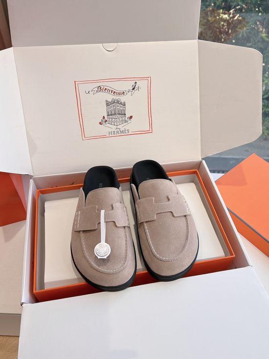 Hermes Closed Toe Buckle Leather Slippers Comfortable Casual Footwear