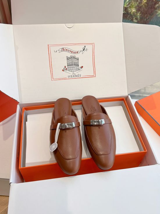 Hermes Genuine Leather Non-slip Loafer Mules with Soft Insole