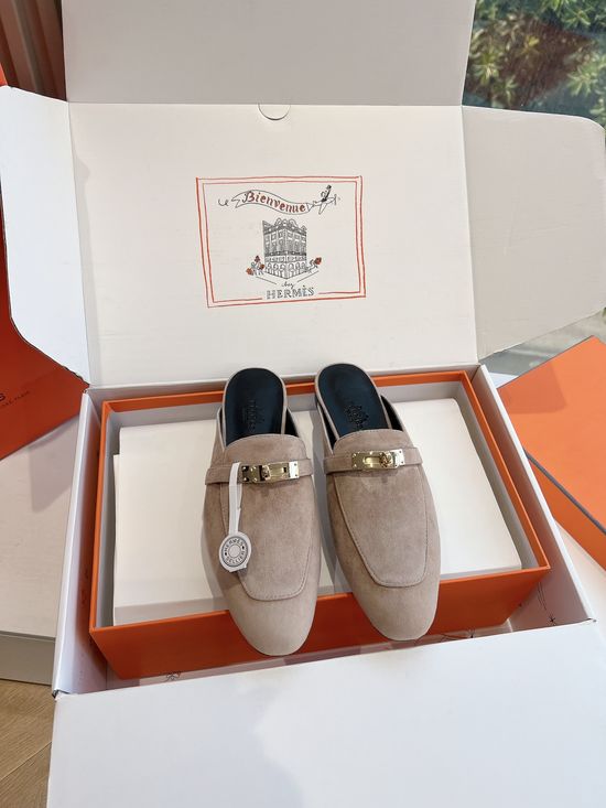 Hermes Suede Leather Non-slip Loafer Mules with Comfortable Insole