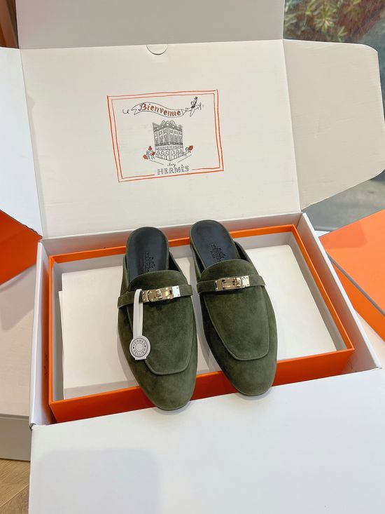 Hermes Suede Leather Non-slip Loafer Mules with Comfortable Insole