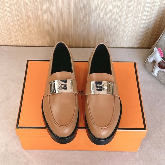 Hermes Classic Leather Loafers with Metal Lock Accent